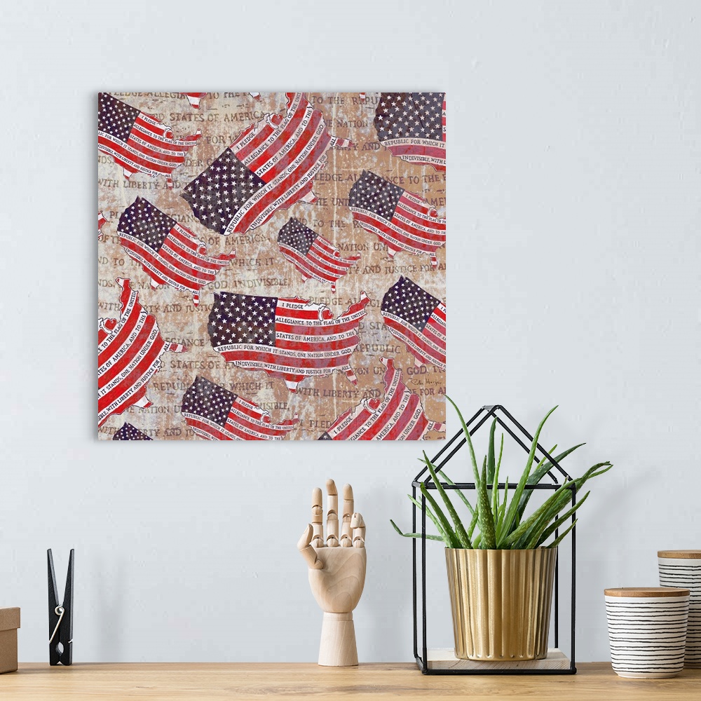 A bohemian room featuring Pen and Ink illustration of the American flag with the words of the Pledge of Allegiance hand-wri...