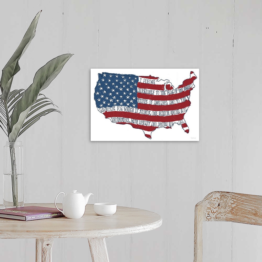 A farmhouse room featuring Pen and Ink illustration of the American flag with the words of the Pledge of Allegiance hand-wri...