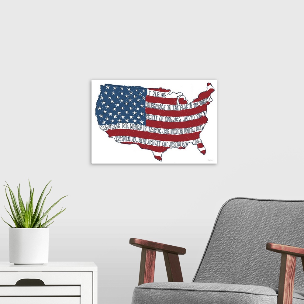A modern room featuring Pen and Ink illustration of the American flag with the words of the Pledge of Allegiance hand-wri...