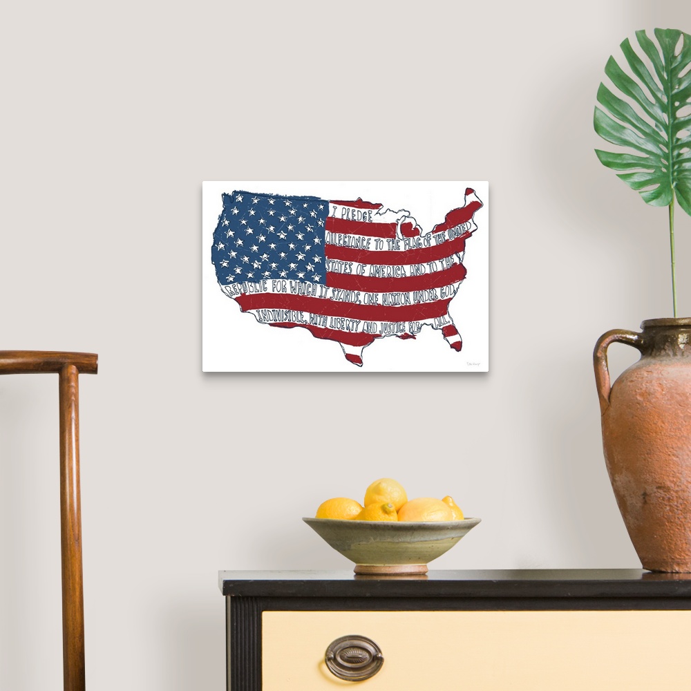 A traditional room featuring Pen and Ink illustration of the American flag with the words of the Pledge of Allegiance hand-wri...