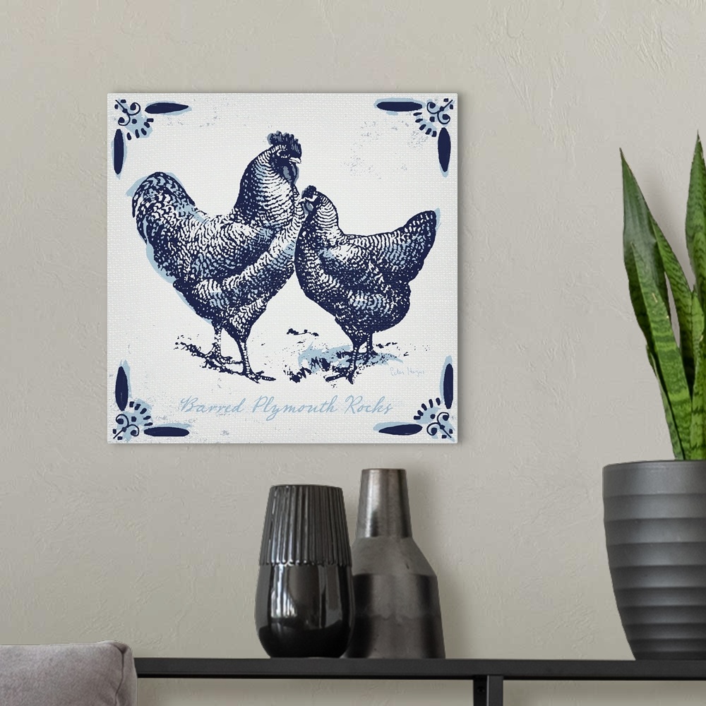 A modern room featuring Plymouth rock chickens with typography in dutch blue