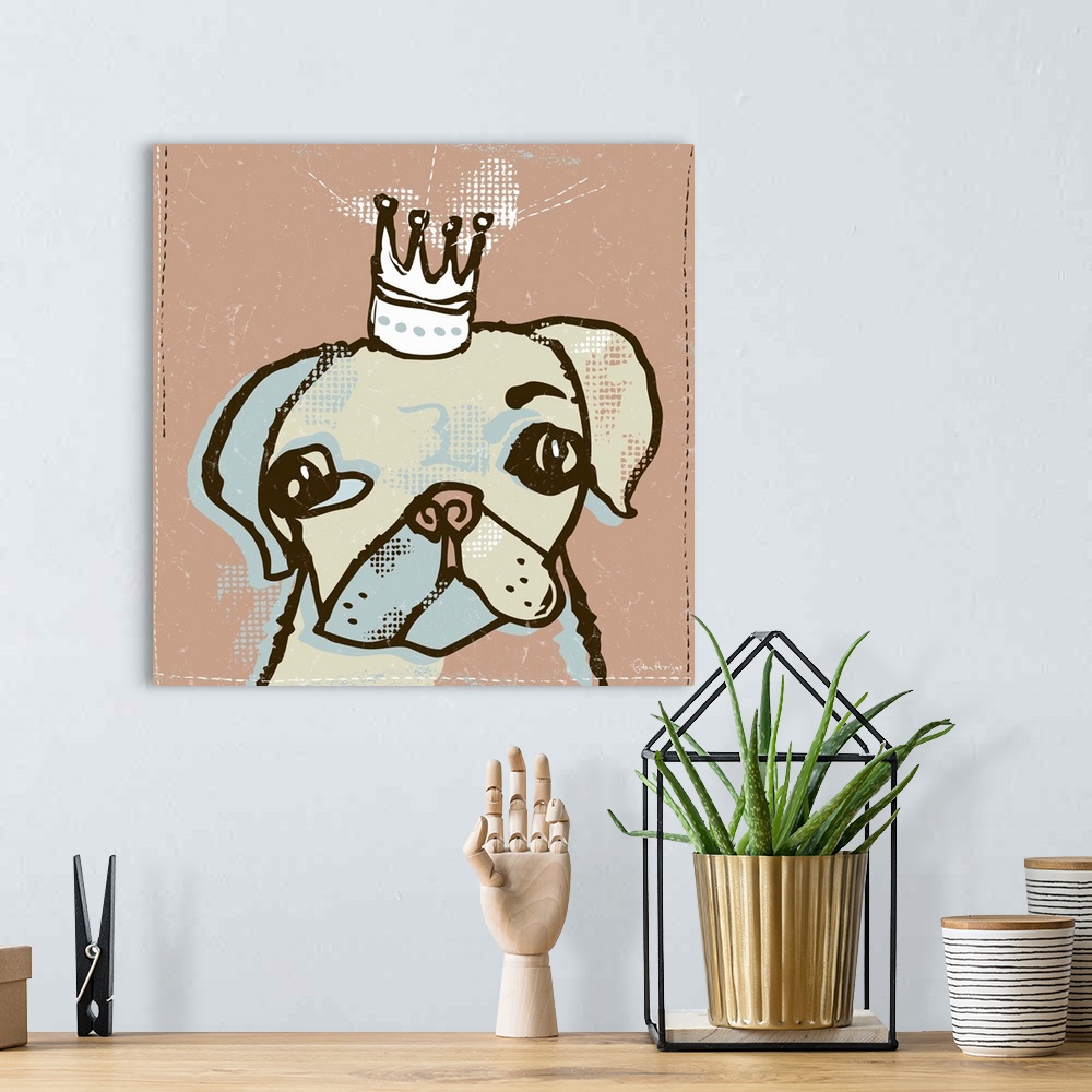 A bohemian room featuring A domesticated pug dog or boston terrier with a crown on his head called top dog.