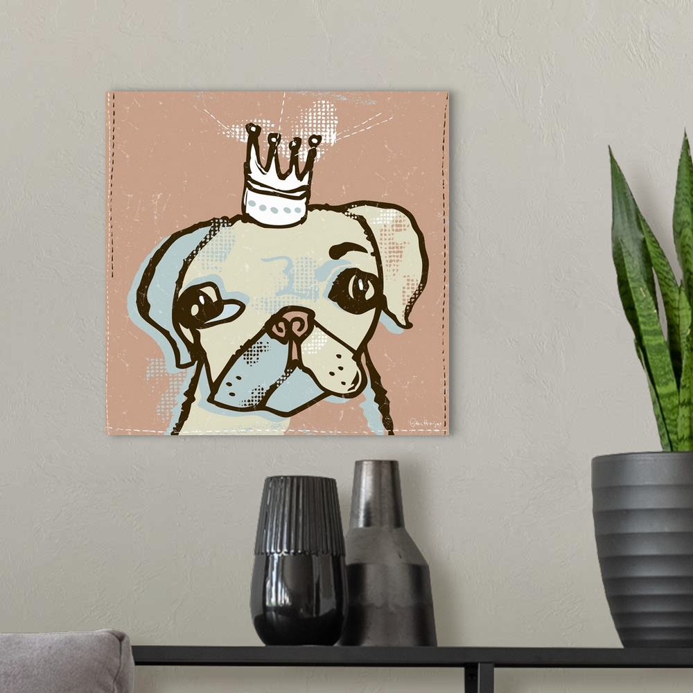 A modern room featuring A domesticated pug dog or boston terrier with a crown on his head called top dog.