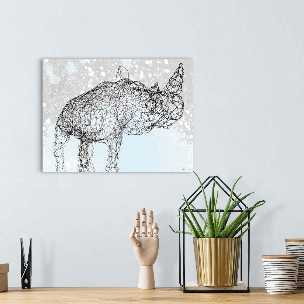 A bohemian room featuring A rhinoceros depicted in a pen and ink style with rustic background.