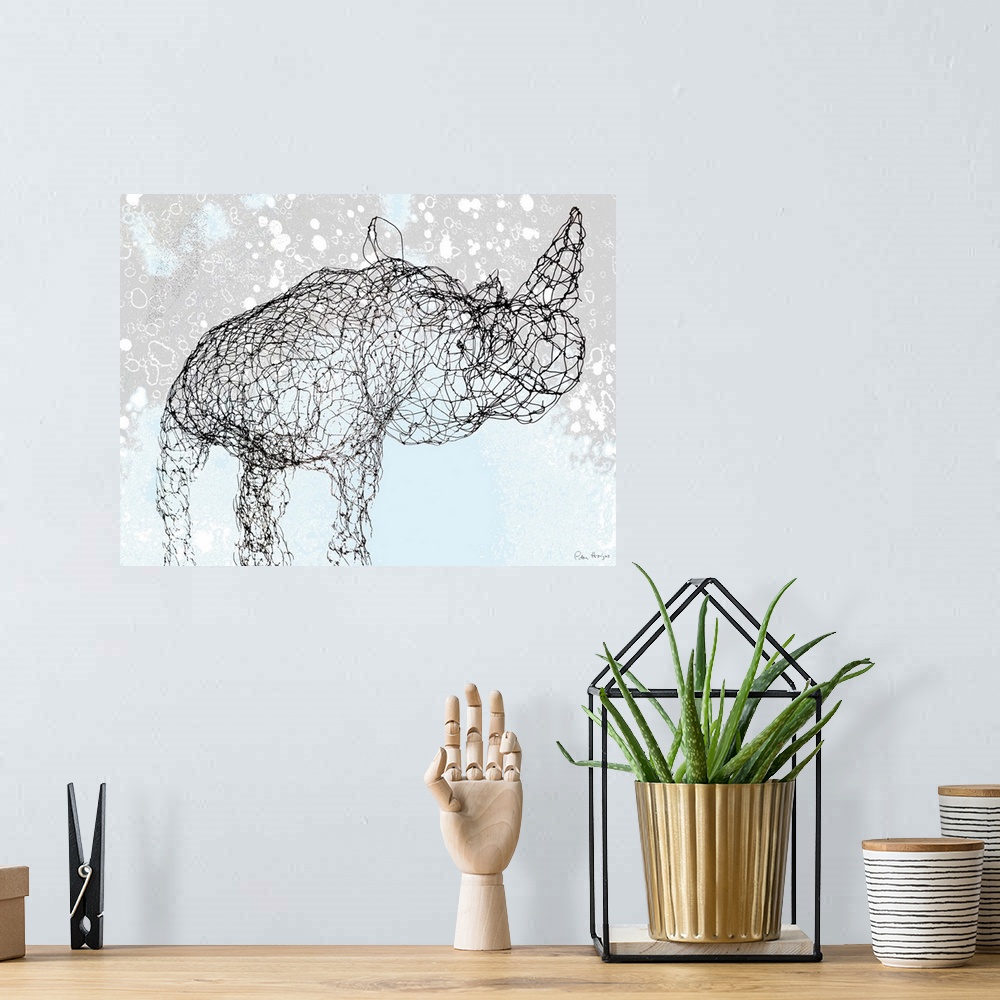 A bohemian room featuring A rhinoceros depicted in a pen and ink style with rustic background.