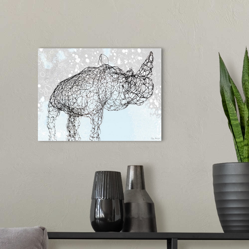 A modern room featuring A rhinoceros depicted in a pen and ink style with rustic background.