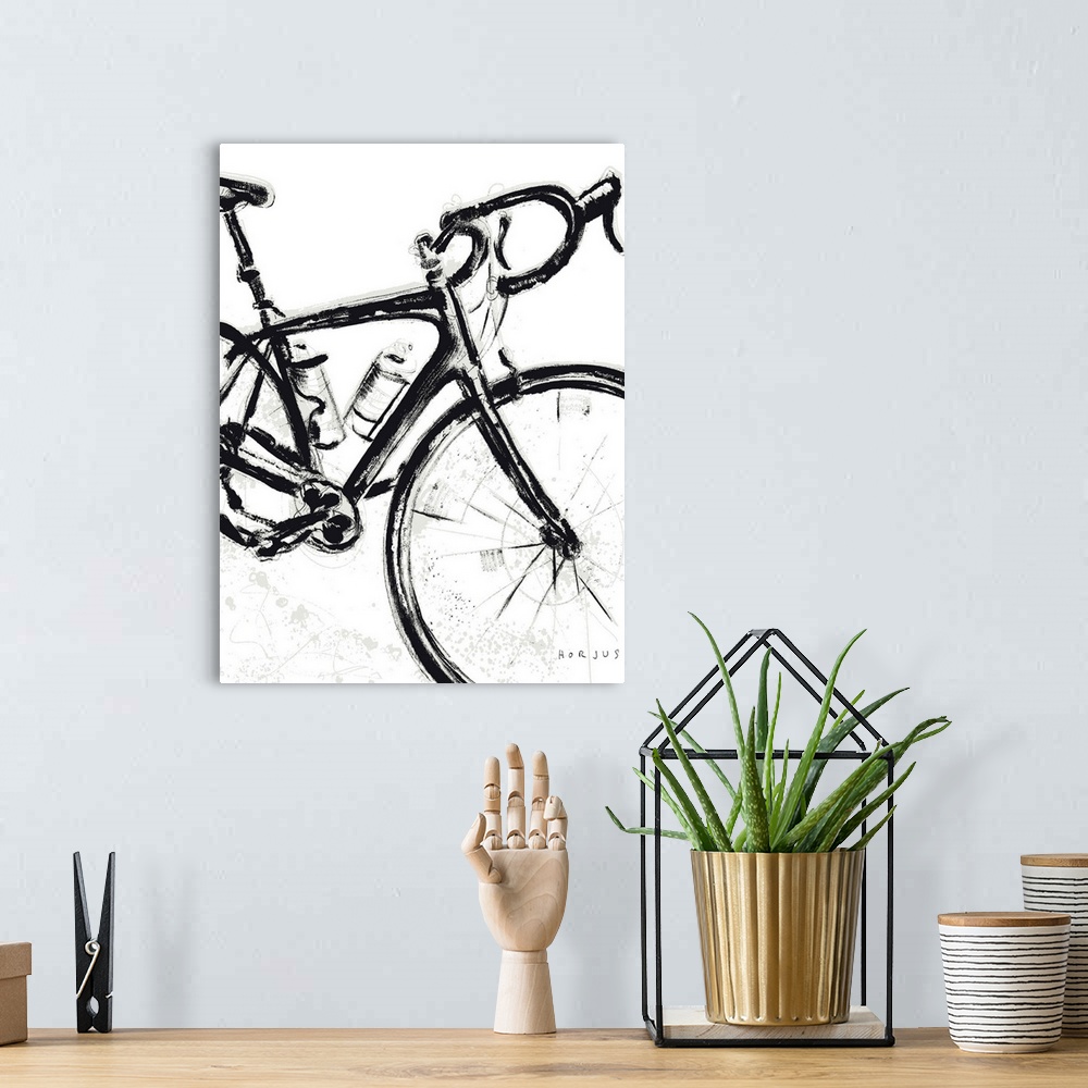 A bohemian room featuring A brush wash painting of a race road bike.