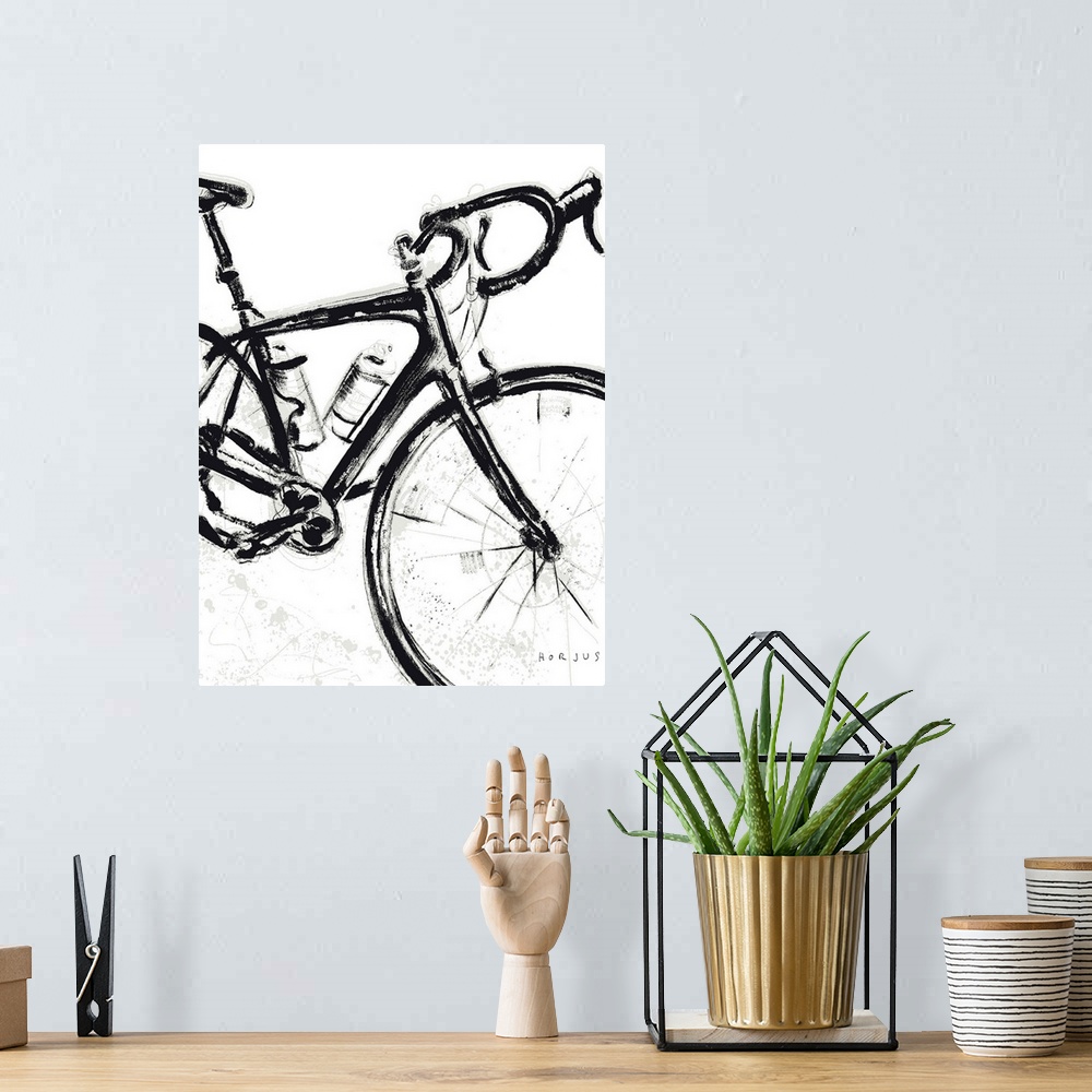 A bohemian room featuring A brush wash painting of a race road bike.