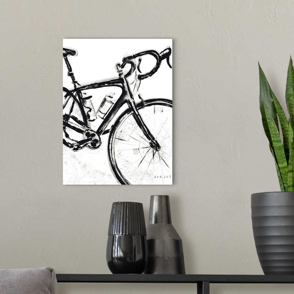 A modern room featuring A brush wash painting of a race road bike.