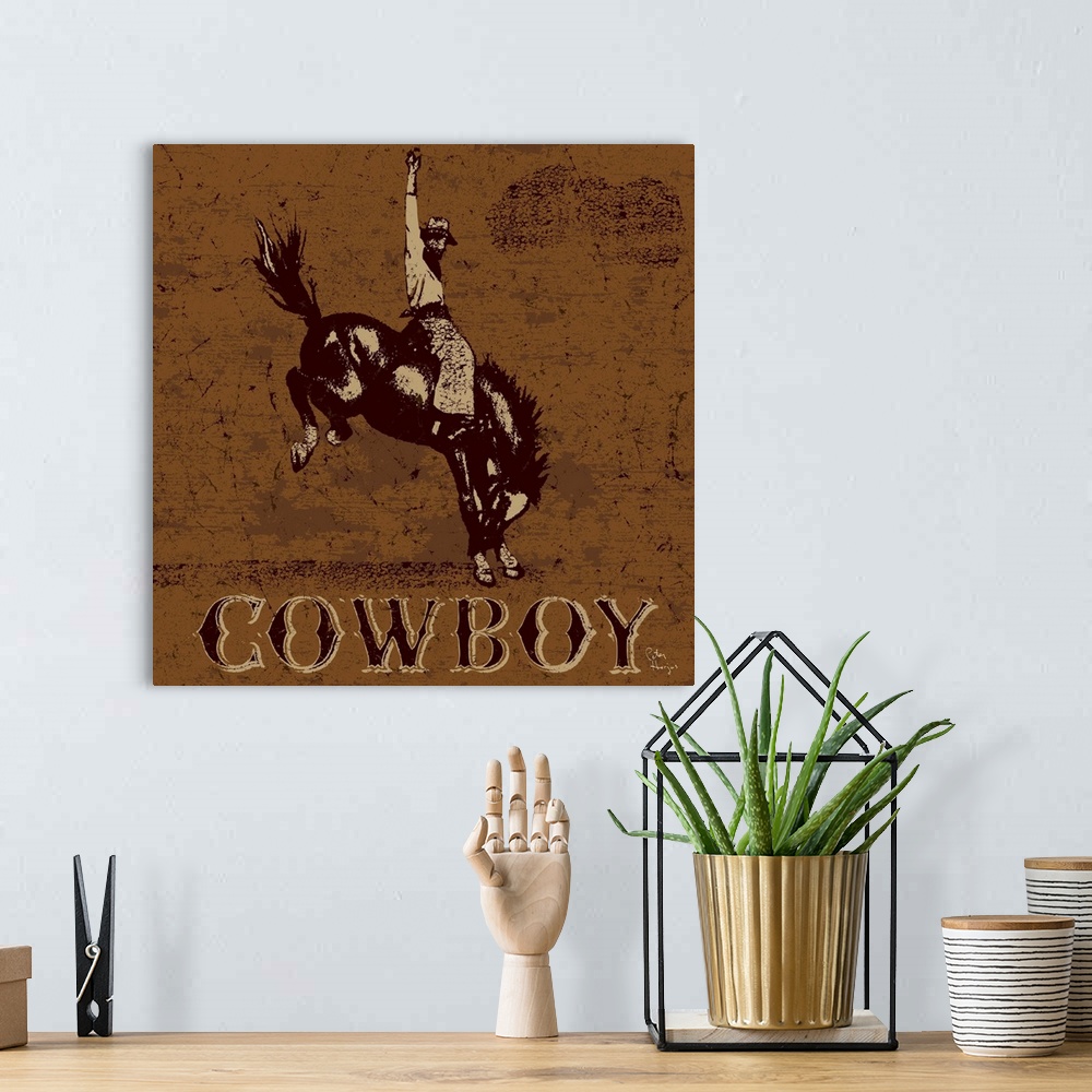A bohemian room featuring Western cowboy riding a bucking horse with the word "Cowboy" underneath on a textured background.