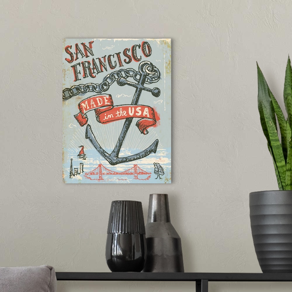 A modern room featuring Illustrated vintage, worn artwork of San Francisco's bridge and skyline, with an anchor and a rib...