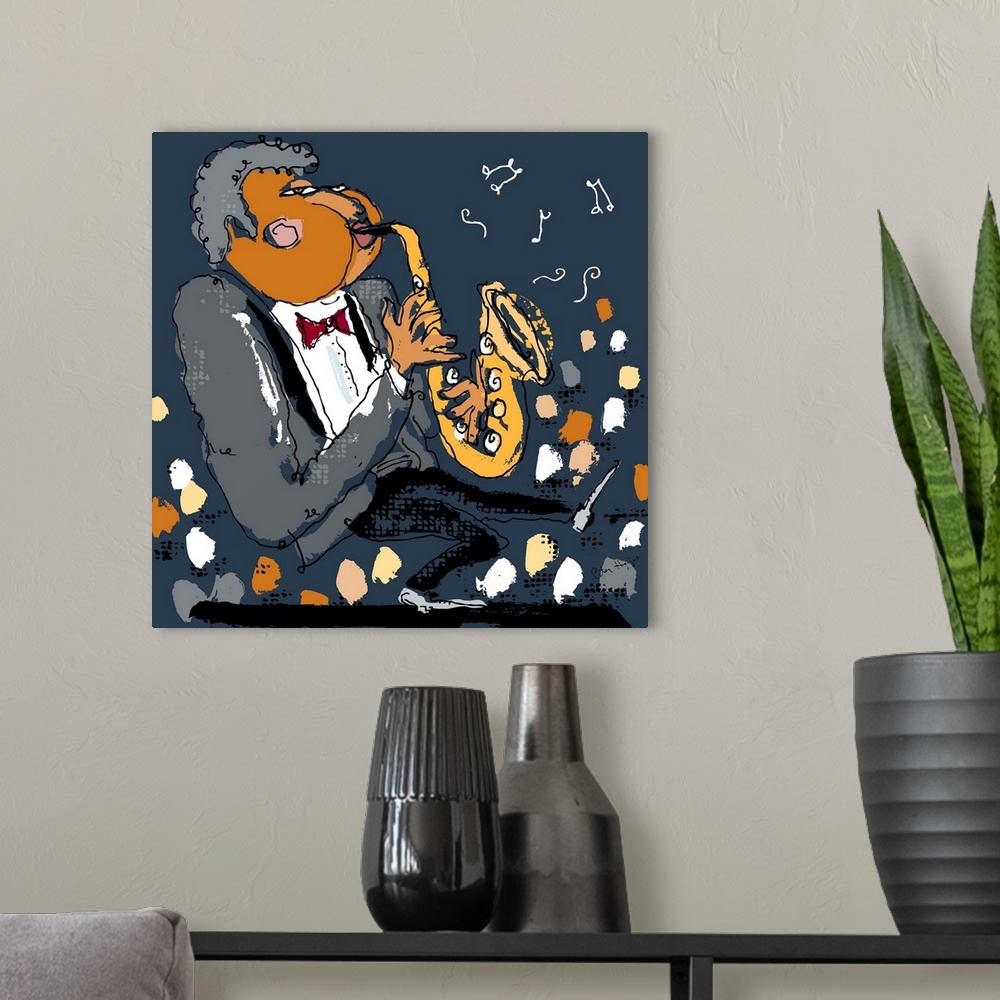A modern room featuring Pen and ink wall art of an exaggerated character of an african american playing the saxophone.