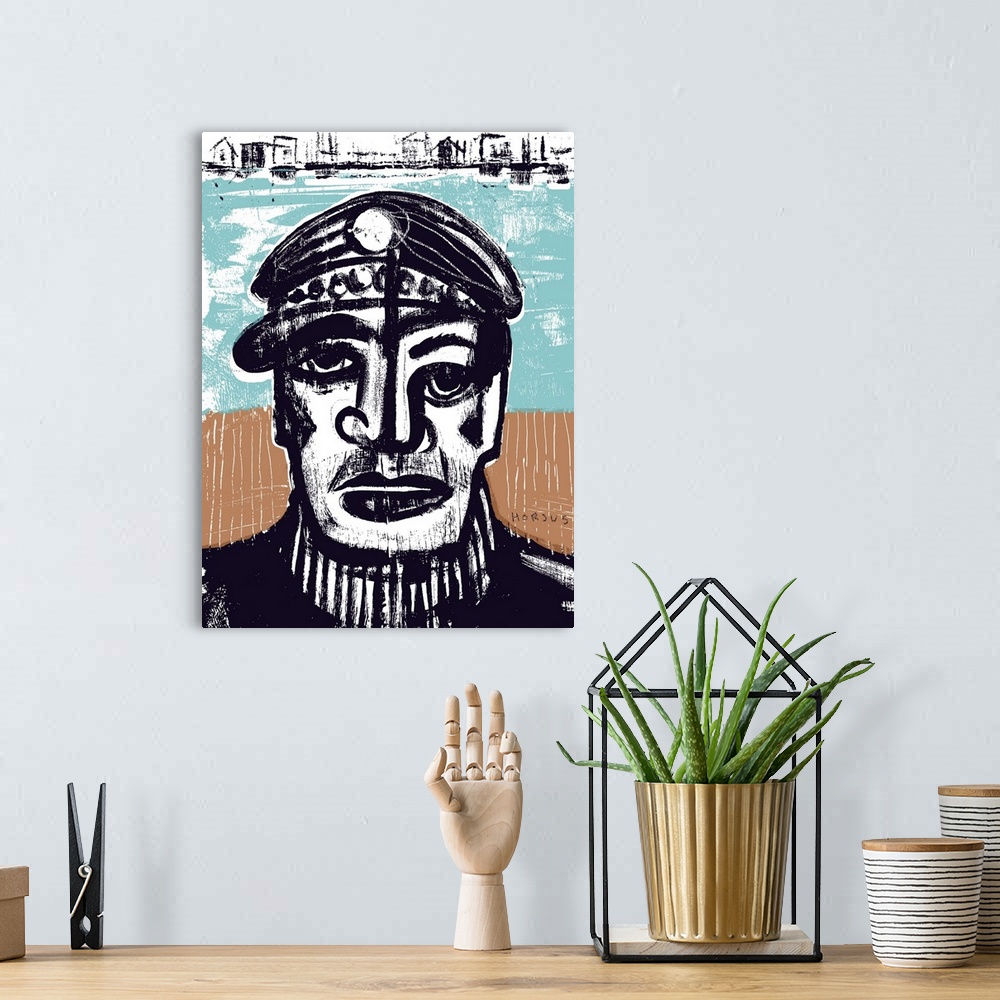 A bohemian room featuring A surly sea captain with a black captain's hat.