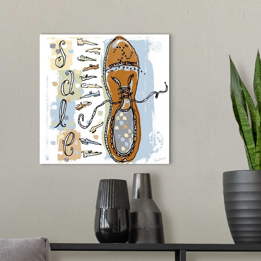 A modern room featuring A gestural pen and ink wall art illustration of a wingtip shoe and a hand-written word SALE next ...