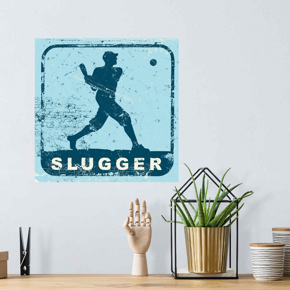 A bohemian room featuring Distressed retro logo image of a baseball player swinging a baseball bat.