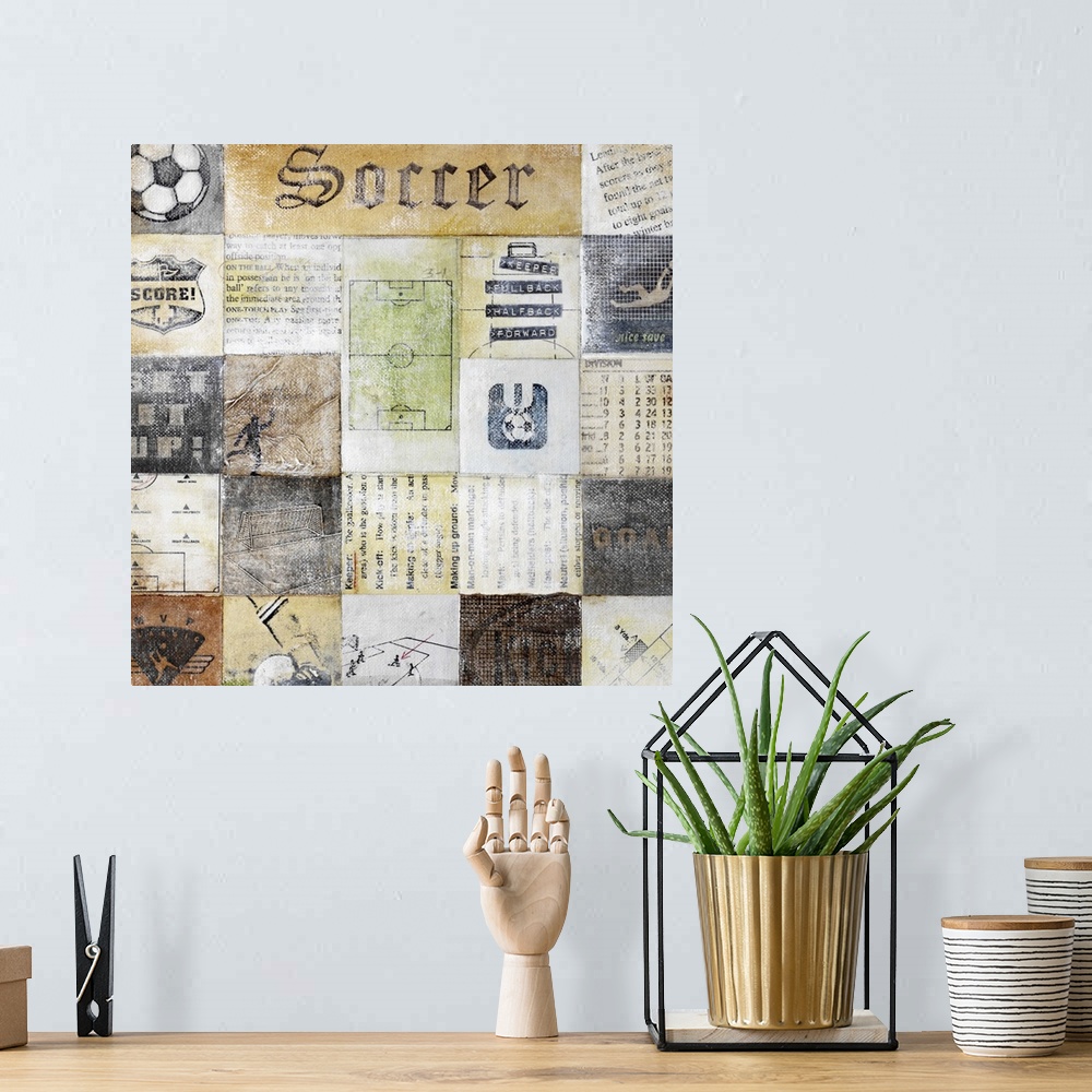 A bohemian room featuring Distressed  art collage of soccer crests, soccer definitions, soccer descriptions, soccer logos, ...