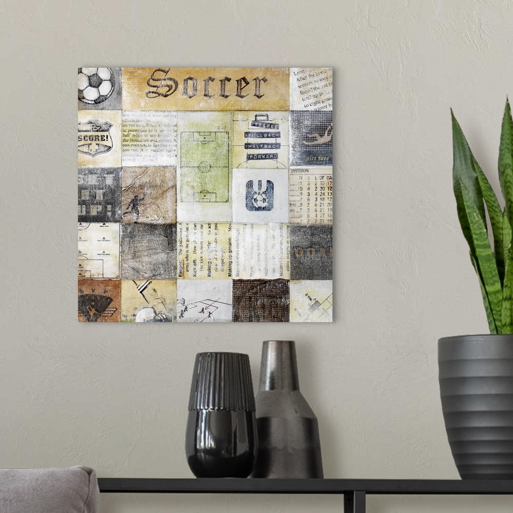A modern room featuring Distressed  art collage of soccer crests, soccer definitions, soccer descriptions, soccer logos, ...