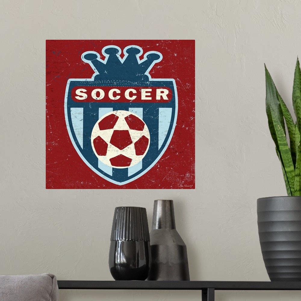 A modern room featuring Distressed  traditional soccer crest with soccer ball in the middle.