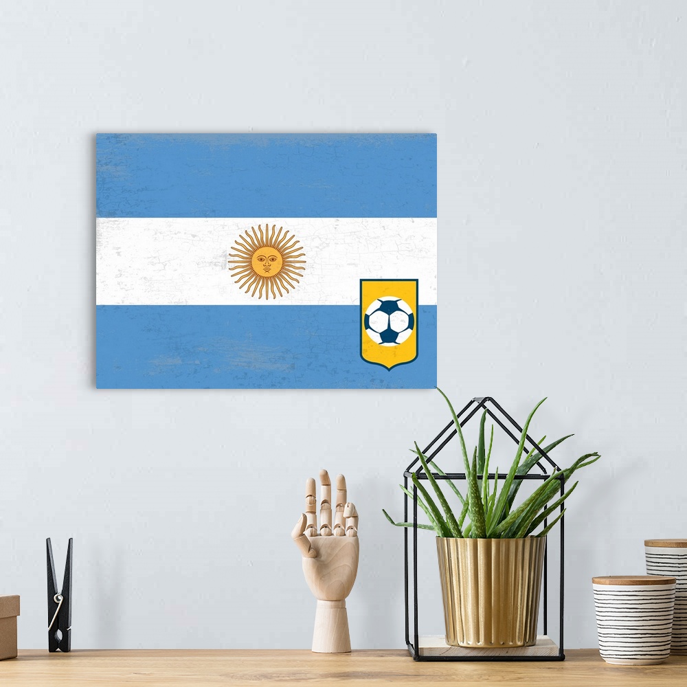 A bohemian room featuring Flag of Argentina with soccer crest with soccer ball.