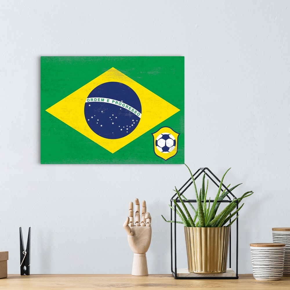 A bohemian room featuring Flag of Brazil with soccer crest with soccer ball.