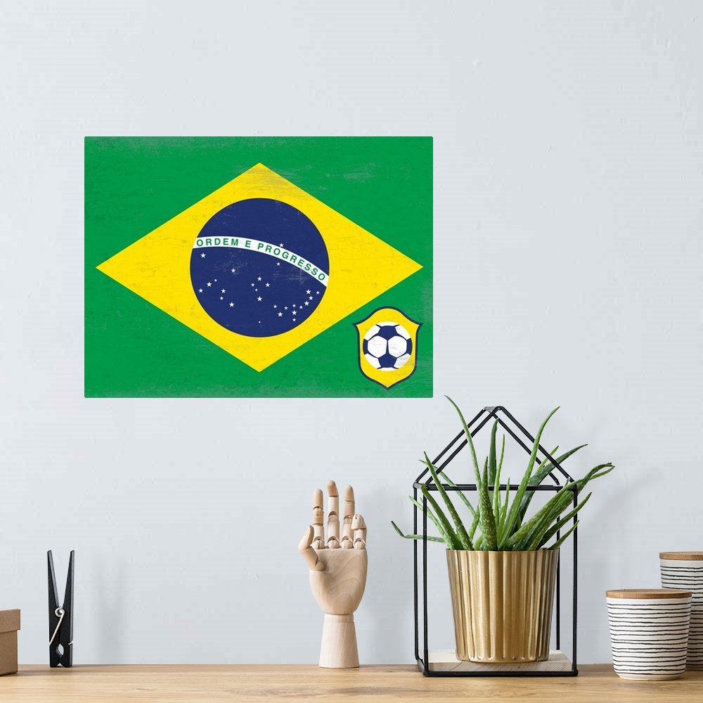 A bohemian room featuring Flag of Brazil with soccer crest with soccer ball.