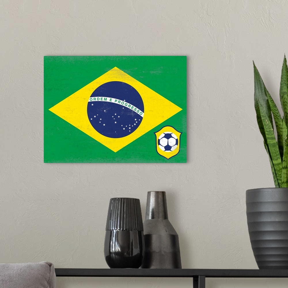 A modern room featuring Flag of Brazil with soccer crest with soccer ball.