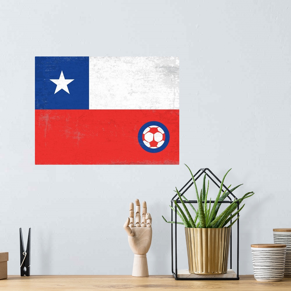 A bohemian room featuring Flag of Chile with soccer crest with soccer ball.