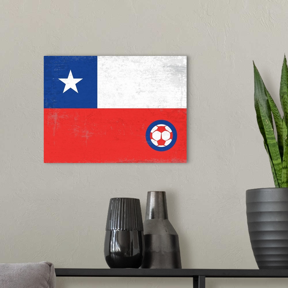 A modern room featuring Flag of Chile with soccer crest with soccer ball.