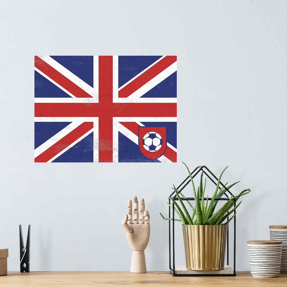 A bohemian room featuring Flag of England with soccer crest with soccer ball.