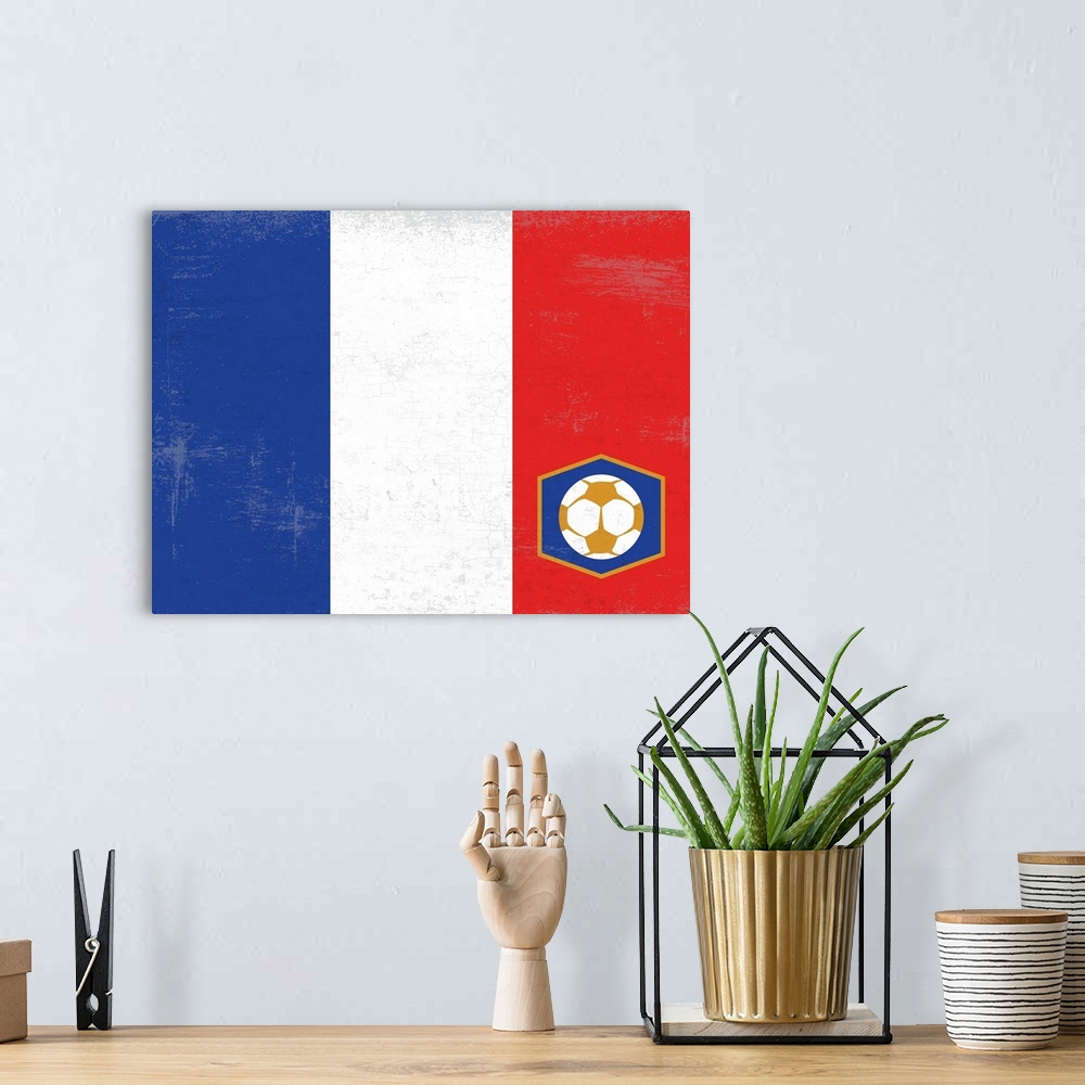 A bohemian room featuring Flag of France with soccer crest with soccer ball.