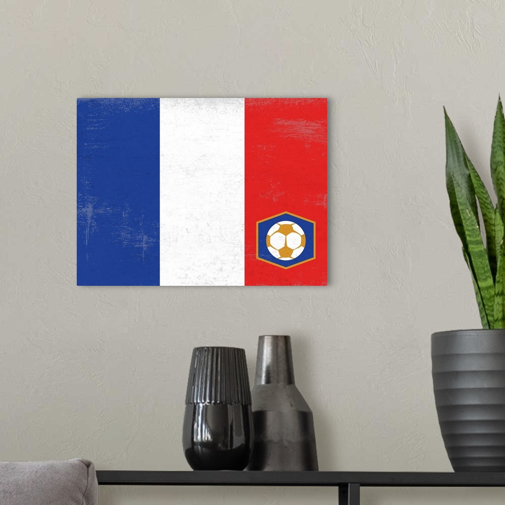 A modern room featuring Flag of France with soccer crest with soccer ball.
