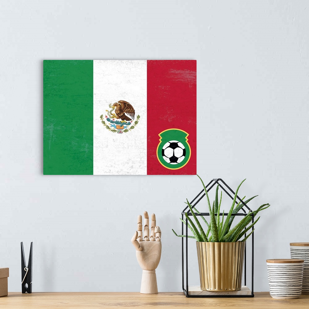 A bohemian room featuring Flag of Mexico with soccer crest with soccer ball.