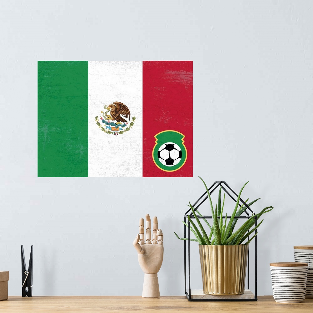 A bohemian room featuring Flag of Mexico with soccer crest with soccer ball.