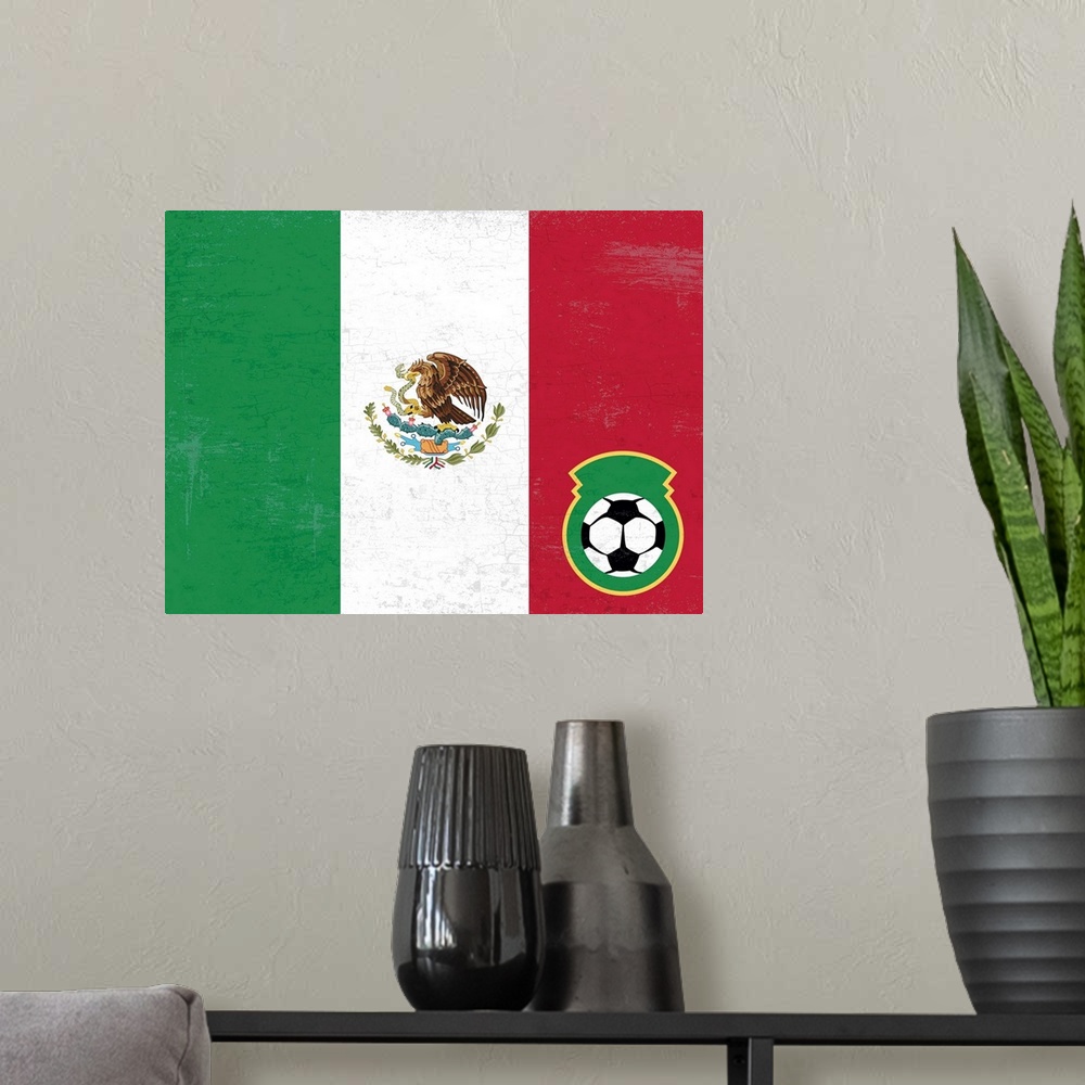 A modern room featuring Flag of Mexico with soccer crest with soccer ball.