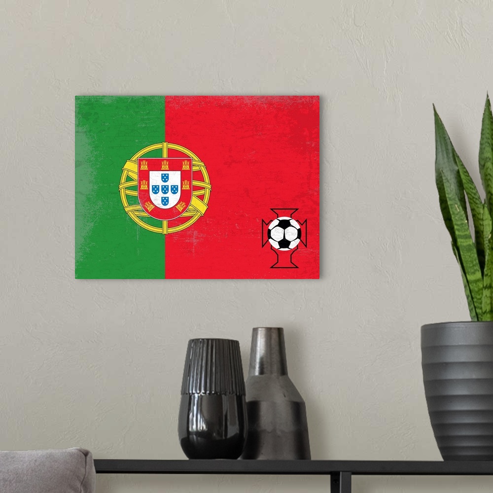 A modern room featuring Flag of Portugal with soccer crest with soccer ball.