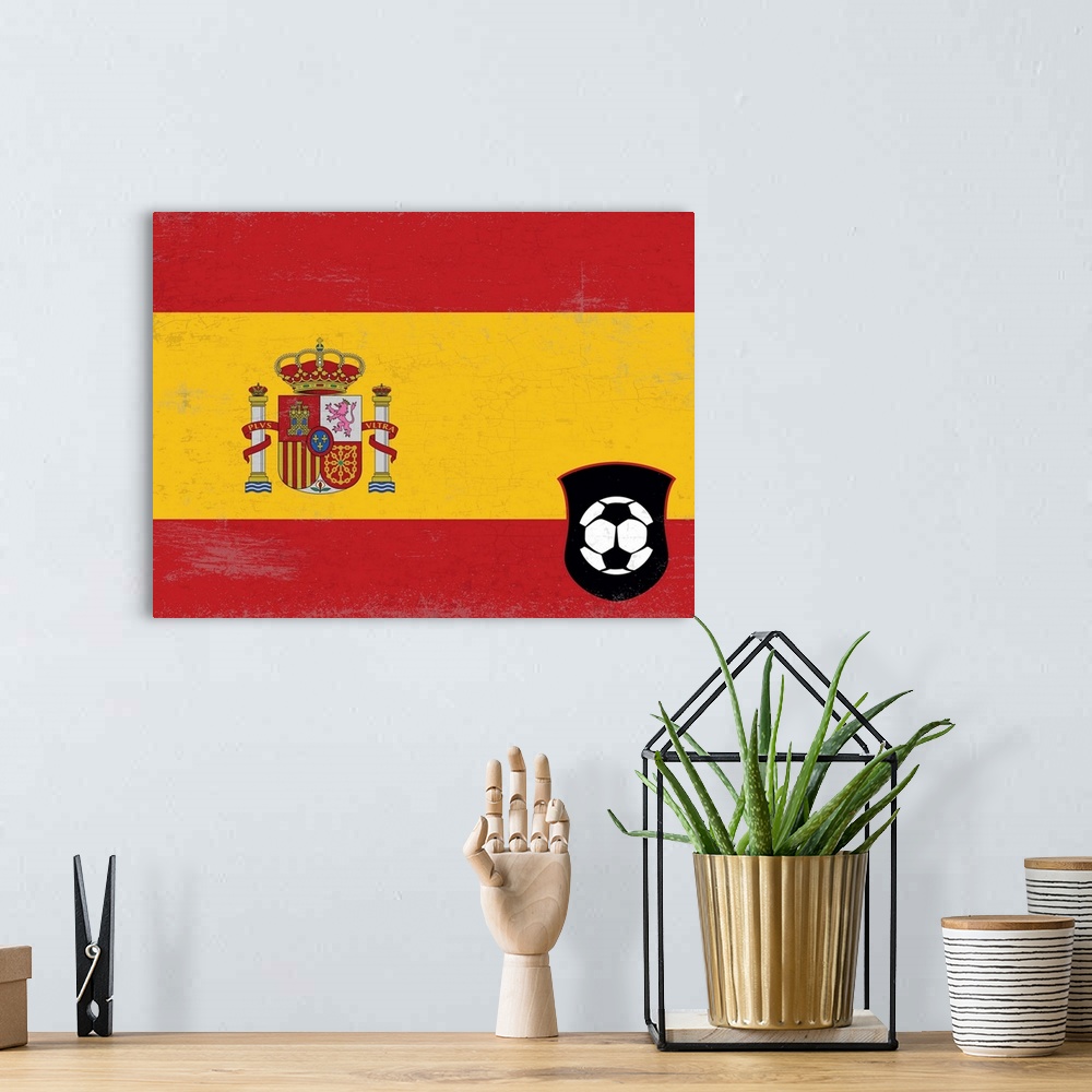 A bohemian room featuring Flag of Spain with soccer crest with soccer ball.