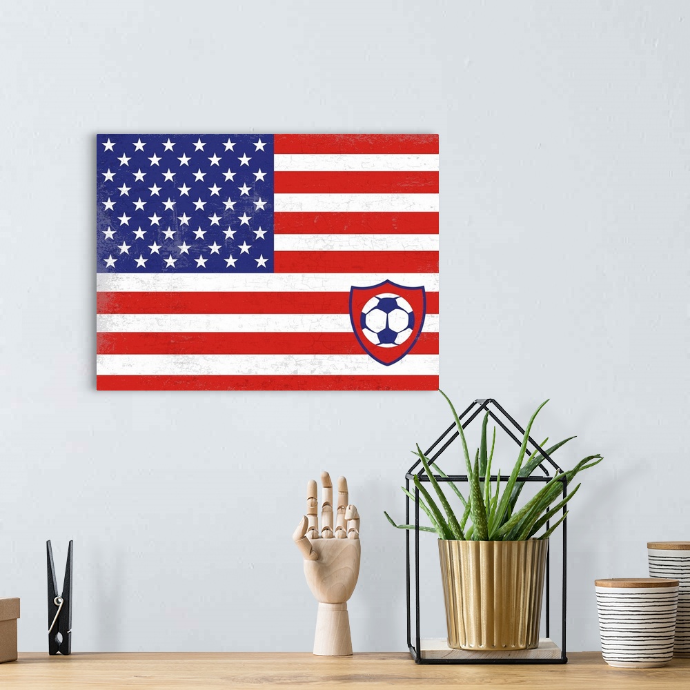 A bohemian room featuring Flag of the United Staes of America with soccer crest with soccer ball.