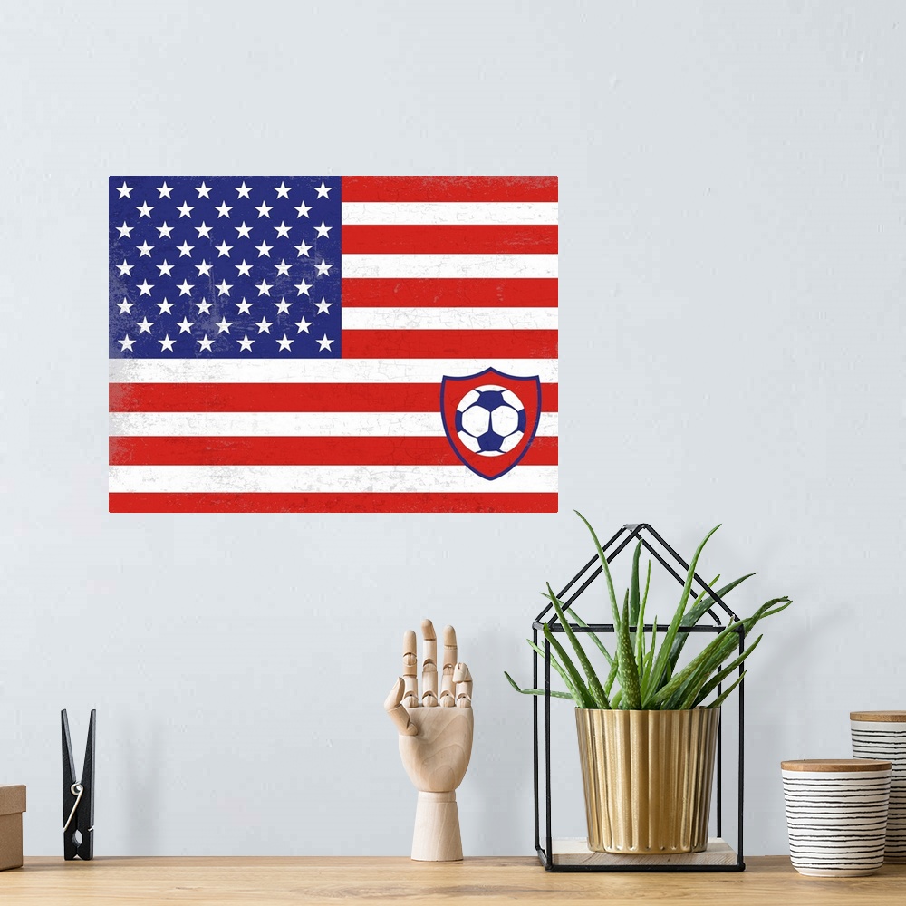 A bohemian room featuring Flag of the United Staes of America with soccer crest with soccer ball.