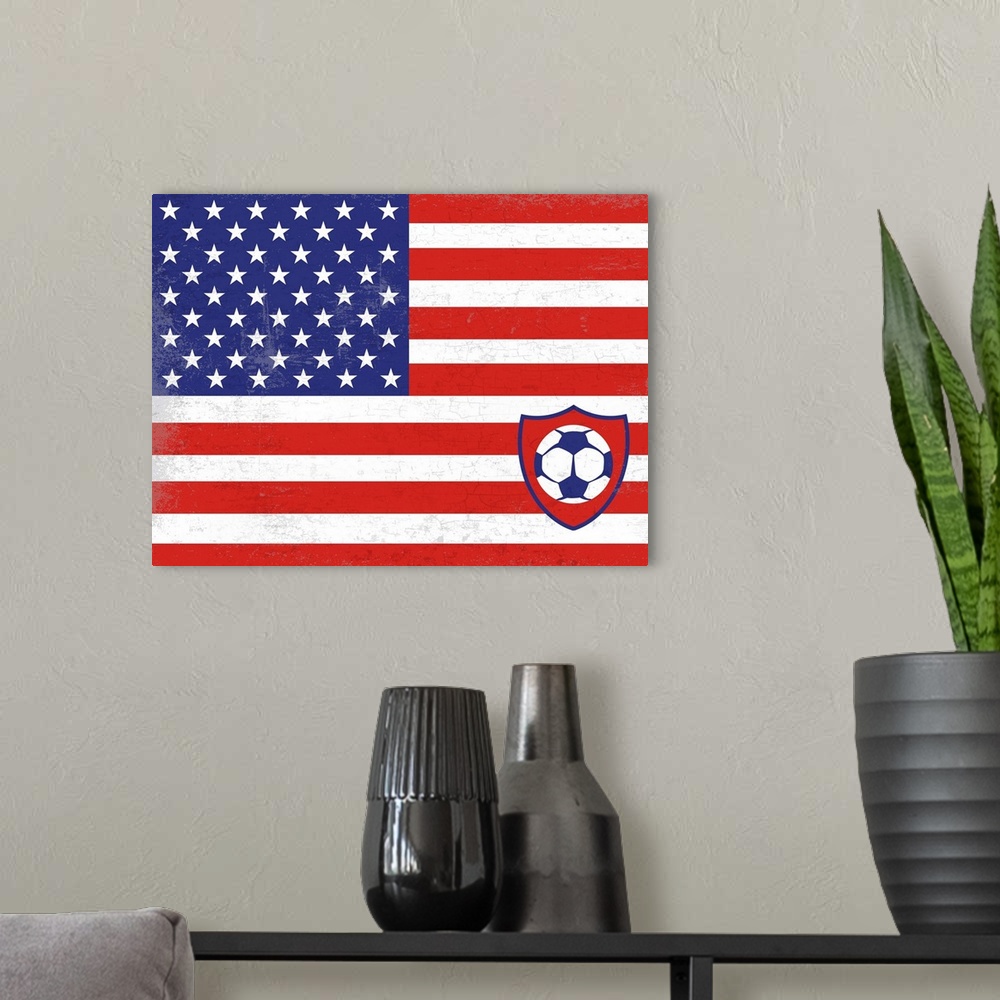 A modern room featuring Flag of the United Staes of America with soccer crest with soccer ball.