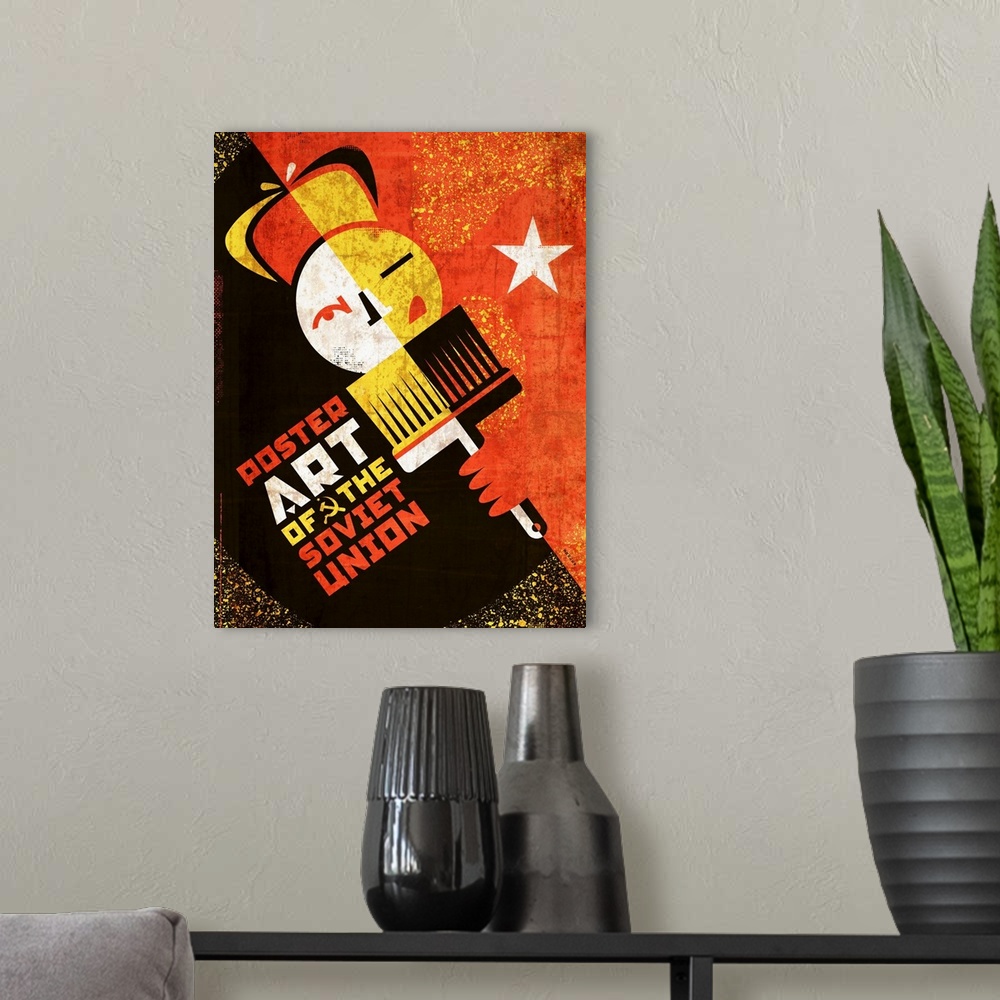 A modern room featuring Constructivist design of an image of a man wearing a russian hat holding a poster brush.