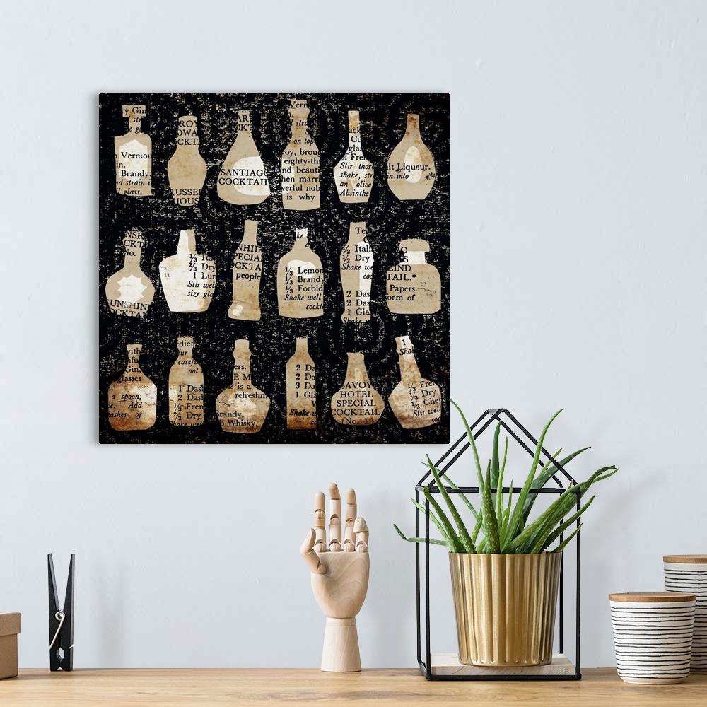 A bohemian room featuring Graphic wall art of 18 spirits bottles on the wall with cocktail recipes overprinted on tan and s...