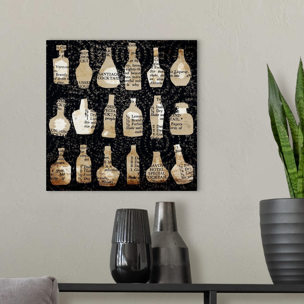 A modern room featuring Graphic wall art of 18 spirits bottles on the wall with cocktail recipes overprinted on tan and s...