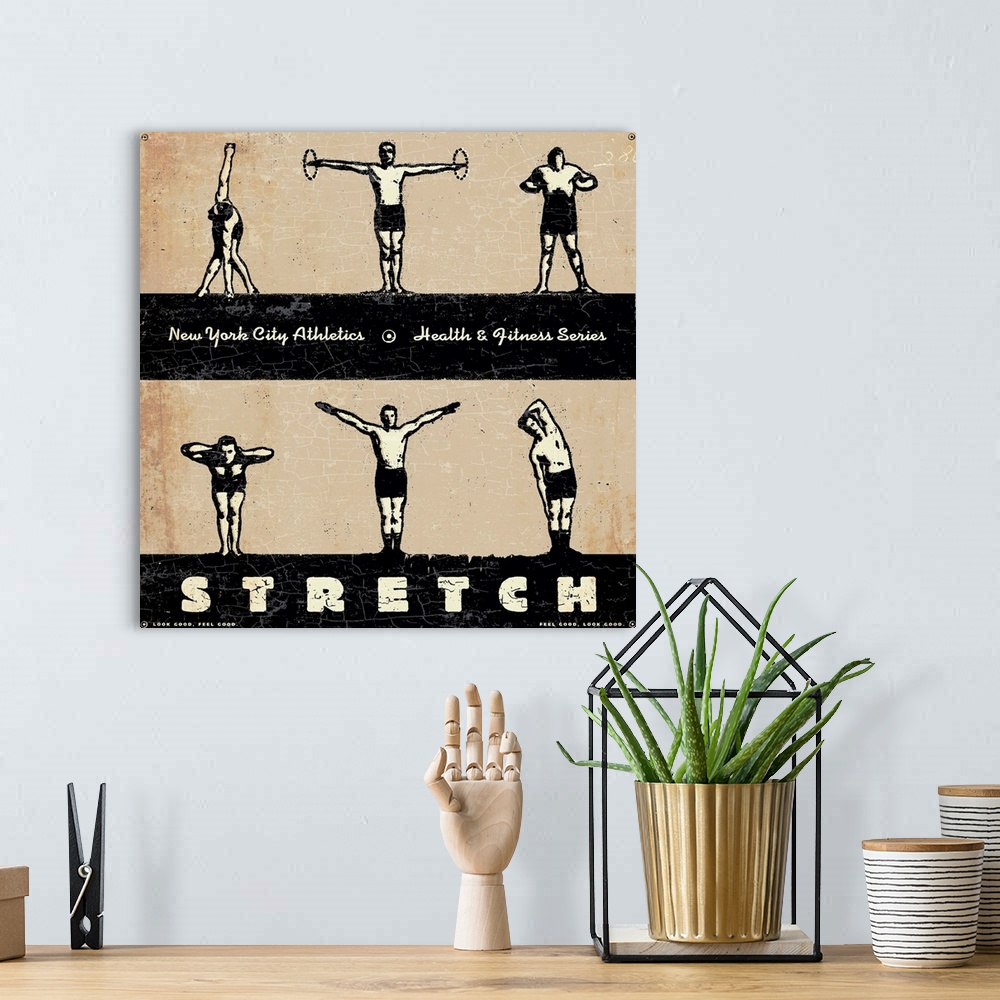 A bohemian room featuring Vintage New York City Health Club poster wall art of 6 men in different exercise positions with o...