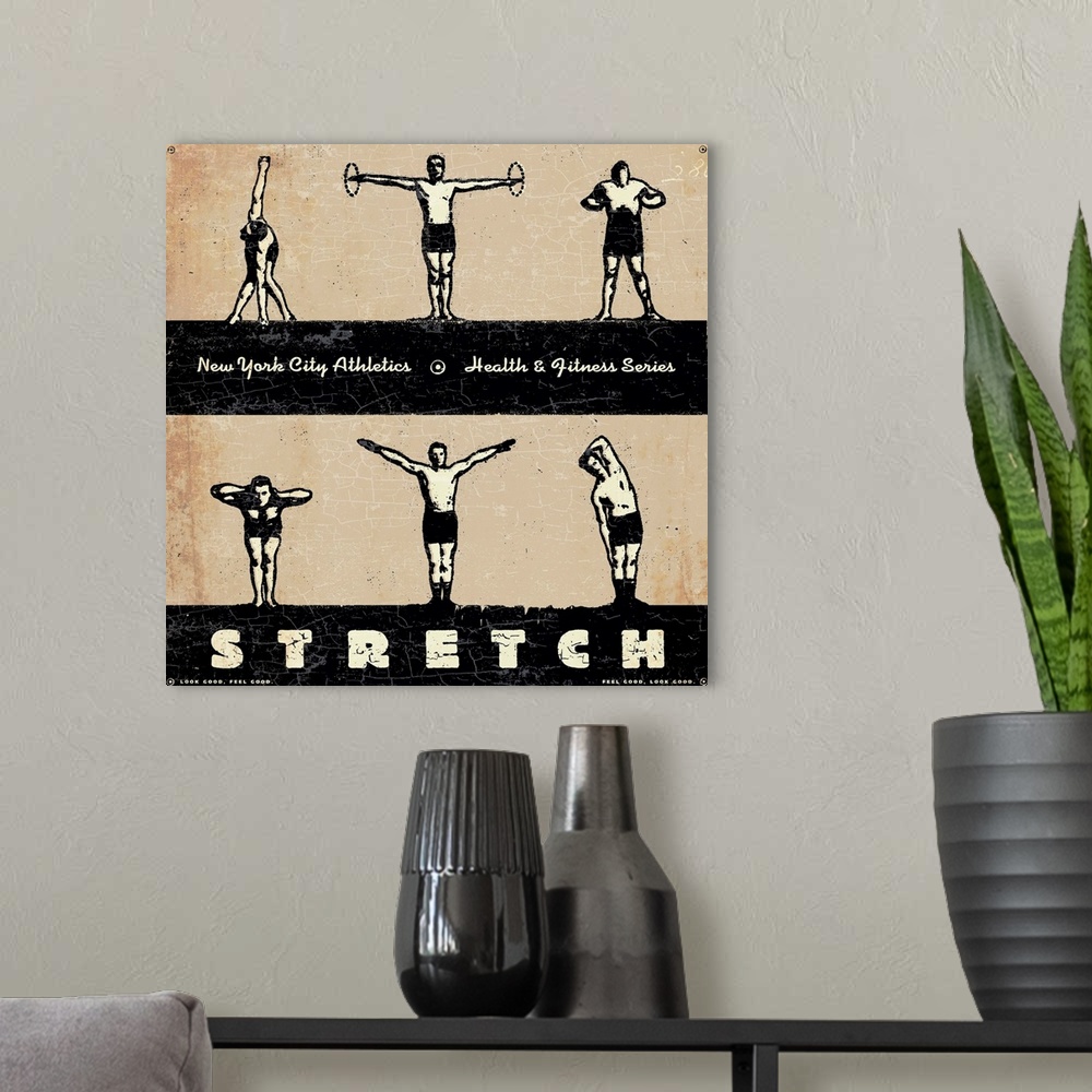 A modern room featuring Vintage New York City Health Club poster wall art of 6 men in different exercise positions with o...