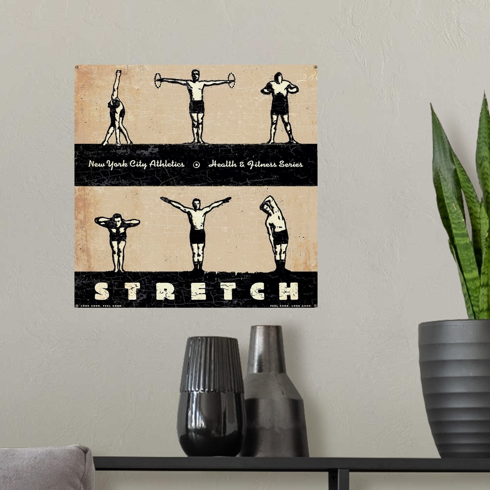 A modern room featuring Vintage New York City Health Club poster wall art of 6 men in different exercise positions with o...