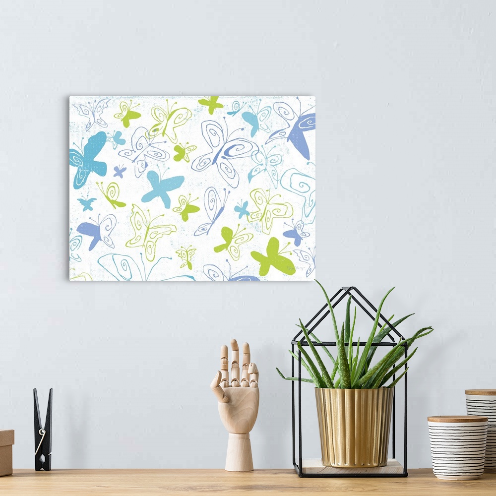 A bohemian room featuring A group of pen and ink illustrated whimsical butterflies fluttering about on a white background.