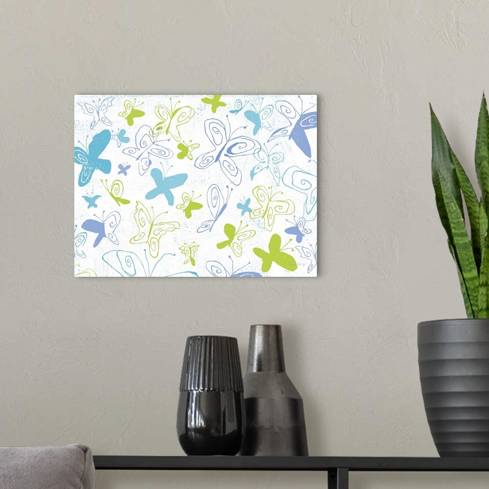 A modern room featuring A group of pen and ink illustrated whimsical butterflies fluttering about on a white background.