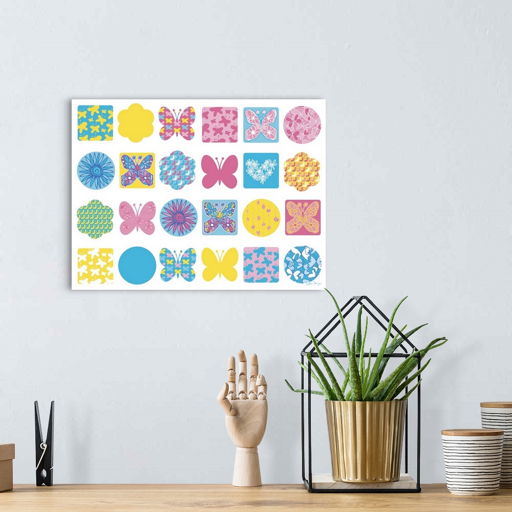 A bohemian room featuring A graphic group of butterfly and flower icons on a white background.