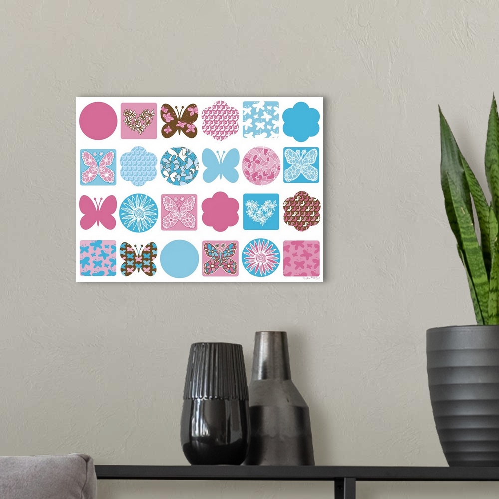 A modern room featuring A graphic group of butterfly and flower icons on a white background.