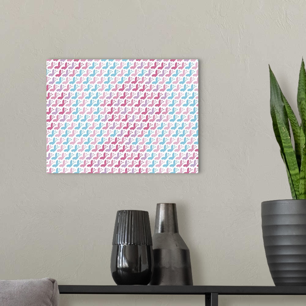 A modern room featuring Graphic repeat pattern of pink and blue butterflies.